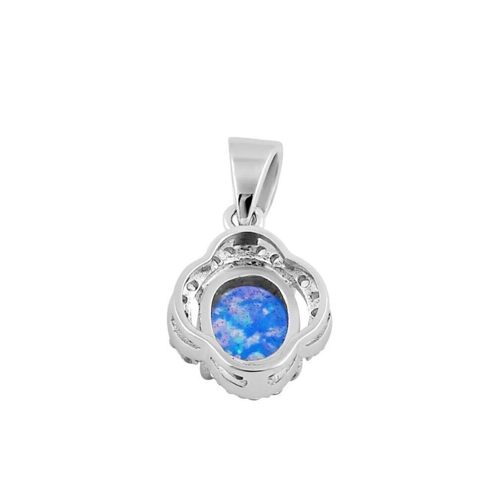 Sterling Silver Elegant Blue Lavender Lab Opal Oval Halo CZ Necklace Pendant New - Picture 3 of 4